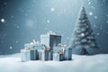 Christmas tree and green gift boxes while snowing, cute 3D illustration, Christmas background. Generative AI Royalty Free Stock Photo