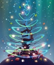 Christmas tree with green leaves, shining garland, glowing lights, presents, sweets, stars in vector. Happy New Year holiday card