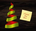 Christmas tree of green and red ribbon. Yellow sheet of paper for notes. Sticker. Vector on wooden background. Greeting card for Royalty Free Stock Photo