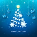 Christmas Tree Greeting Card. New Year Tree Silhouette from Paper Snowflakes and Blue Christmas Balls on background Royalty Free Stock Photo