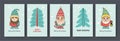 Christmas tree greeting card set. Little gnomes. Hand drawn gnome sketch. Cartoon vector illustration. Cute dwarfs characters with