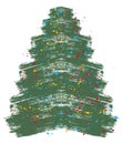 Christmas tree, grunge brush drawing art. Beautiful doodle spruce (fir tree) with color paint blots (garland).
