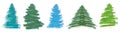 Christmas tree, grunge brush drawing art. Set of beautiful doodle spruce with color paint blots as garland. Vector illustration