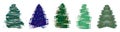 Christmas tree, grunge brush drawing art. Set of beautiful doodle spruce with color paint blots as garland. Vector illustration