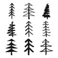 Christmas tree Hand drawn set. Pine trees collection vector Illustration isolated on white background Royalty Free Stock Photo