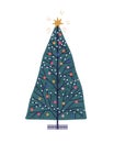 Christmas tree hand drawn vector illustration. New Year holiday attribute with toys and garlands. Decorated Xmas fir