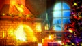 christmas tree and hearth with fire lighting . conceptual object 3D illustration Royalty Free Stock Photo