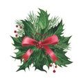 Christmas tree holly, pine branch with red bow isolated on white.Watercolor hand drawn Xmas illustration. Art for design Royalty Free Stock Photo