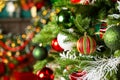 Christmas tree and Christmas home holiday decorations with balls and bokeh light