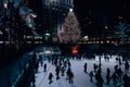 Christmas tree and ice skating rink at Rockefeller Center at night, in Midtown Manhattan, New York City Royalty Free Stock Photo