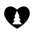 Christmas Tree Icon Black In Heart Valentine. Symbol New Year Love. Sample Silhouette Flat Simple Design. Fir-tree Bazaar, Fair Of