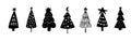 Christmas tree icon black set. Hand drawn Christmas tree silhouette. Cute cartoon childish style. Christmas tree logo Royalty Free Stock Photo