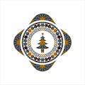 Christmas tree icon inside arabic badge background. Arabesque decoration
