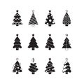 Christmas tree icon. Nature celebration symbols trees decorated with gifts and toys stylized silhouettes vector set Royalty Free Stock Photo