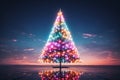 Christmas tree illuminated by neon rainbow colored lights. Festive Merry Xmas and Happy New Year background. Winter night