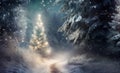 Christmas tree illuminated with twinkling lights standing by a path in winter forest under falling snow at night Royalty Free Stock Photo