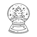 Christmas tree inside a Christmas glass ball. Xmas Snowball with snowflakes in hand drawn doodle style. New year element Royalty Free Stock Photo