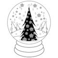 Christmas tree inside a snow globe. Vector black and white coloring page Royalty Free Stock Photo