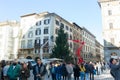 Christmas tree installation in the central square of Florence. Workers on lifting platforms mount the Christmas lights Royalty Free Stock Photo