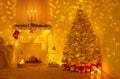 Christmas Tree Interior with Golden Lights Decoration in White Room with Fireplace and Candles. Xmas Decorated Fir Tree with Gift Royalty Free Stock Photo