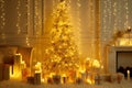 Christmas Tree Interior with Golden Lights Decoration in White Room with Fireplace and Candles. Xmas Decorated Fir Tree with Gift Royalty Free Stock Photo