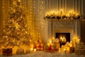 Christmas Tree Interior with Golden Lights Decoration in White Room with Fireplace and Candles. Xmas Decorated Fir Tree with Gift Royalty Free Stock Photo