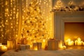 Christmas Tree Interior with Golden Lights Decoration in White Room with Fireplace and Candles. Xmas Decorated Fir Tree with Gift Royalty Free Stock Photo