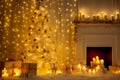 Christmas Tree Interior with Golden Lights Decoration in White Room with Fireplace and Candles. Xmas Decorated Fir Tree with Gift Royalty Free Stock Photo