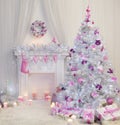 Christmas Tree Interior, Xmas Fireplace in Pink Decorated Indoor Royalty Free Stock Photo