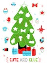 Christmas tree kids game. Childrens education, new year toys stickers, tree decoration worksheet template, empty spaces