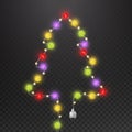 Christmas tree with light garland. Fir-tree shape with multicolor glowing star light bulb vector isolated mockup