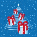 Christmas tree light with presents on a starry night. Vector card. Royalty Free Stock Photo