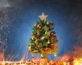 Christmas tree with light in smoke Royalty Free Stock Photo