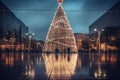 Christmas tree lighting at night after rain street. Generate Ai