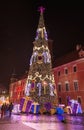 CHRISTMAS TREE, LIGHTINGS IN OLD TOWN, WARSAW, POLAND. Royalty Free Stock Photo