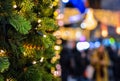 Christmas Tree Lights with Blurred Street Lights Background. Royalty Free Stock Photo