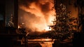 Christmas tree with lights in foreground, fire hazard visible in background, emphasizing safety precautions Royalty Free Stock Photo