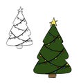 Christmas tree with lights isolated on transparent background. Vector graphic line ink illustration. Banner, poster, wrapping Royalty Free Stock Photo