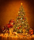 Christmas Tree Lights in Night, Decorated Xmas Interior Royalty Free Stock Photo