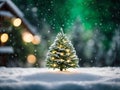 christmas tree with lights and snow falling over small house on cold winter night Royalty Free Stock Photo