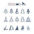 Christmas tree line art icons set. Christmas drawing collection.