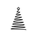 Christmas tree. Line draw scribbled stylized element. Decoration elements monochrome sign isolated on white.