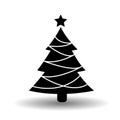 Christmas tree line icon. Black and white ecorated conifer in solid flat style with star. Simple EPS 10 vector design with shadow Royalty Free Stock Photo