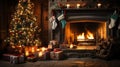 Christmas tree lit by lights near the fireplace with hanging stockings Royalty Free Stock Photo