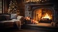 Christmas tree lit by lights near the fireplace with hanging stockings Royalty Free Stock Photo