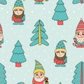 Christmas tree and little gnomes. Seamless pattern. Hand drawn gnome sketch. Cartoon vector illustration. Cute dwarfs characters Royalty Free Stock Photo