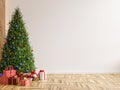 Christmas tree in living room on empty light white wall Royalty Free Stock Photo