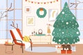 Christmas tree living room interior. Winter holiday area with snowy window. Xmas gift boxes and new year decorations Royalty Free Stock Photo