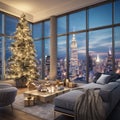 Christmas tree in the living room with a panoramic view of New York City. New Year\'s Eve. Royalty Free Stock Photo