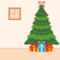 Christmas tree. A lot of gifts from Santa. Room interior in flat style. Vector.